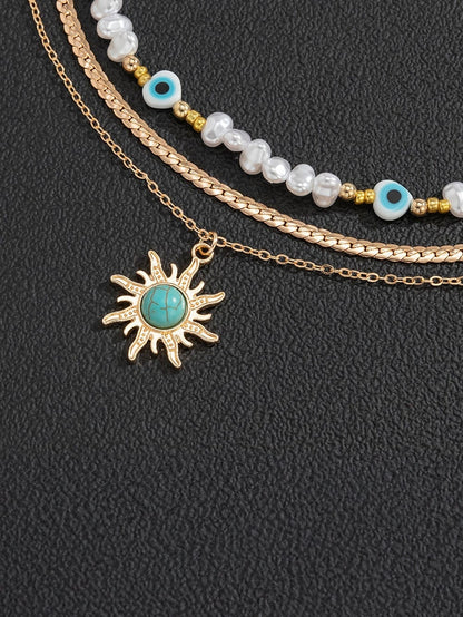 Bohemian Sunburst Turquoise and Pearl Layered Necklace