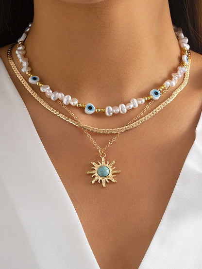 Bohemian Sunburst Turquoise and Pearl Layered Necklace