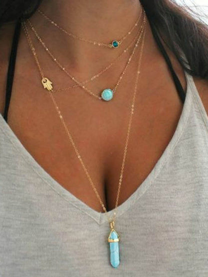 Boho-Chic Gold Turquoise Pendant Layered Necklace