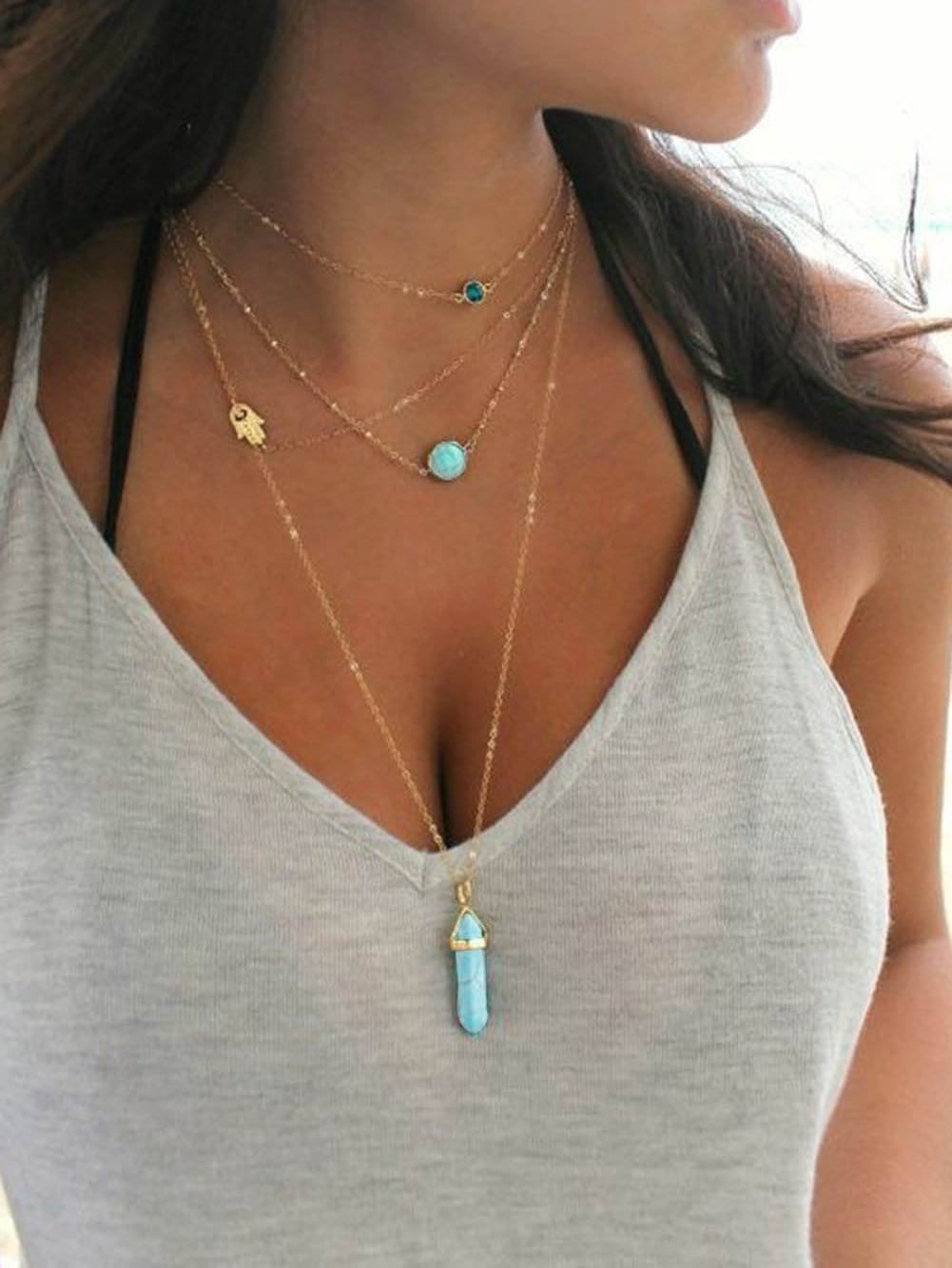 Boho-Chic Gold Turquoise Pendant Layered Necklace