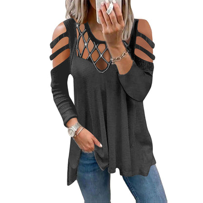 Women's Shirt Tunic Going Out Tops Blouse Cotton Plain Daily Weekend Cut Out Flowing tunic Rhinestone Cold Shoulder Black Long Sleeve Streetwear Casual Round Neck Spring Fall