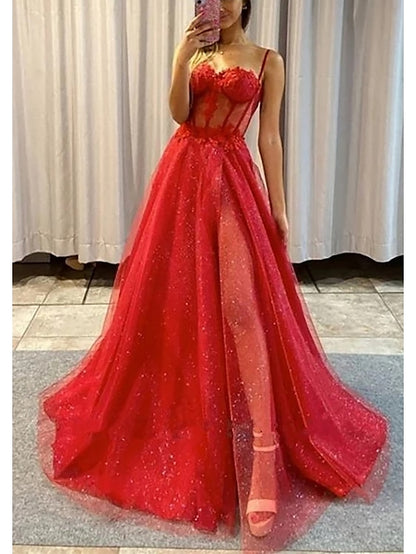 A-Line Prom Dresses Glitter Formal Gothic Dress Graduation Floor Length Sleeveless Sweetheart Spaghetti Tulle with Slit 2023 - LuckyFash™