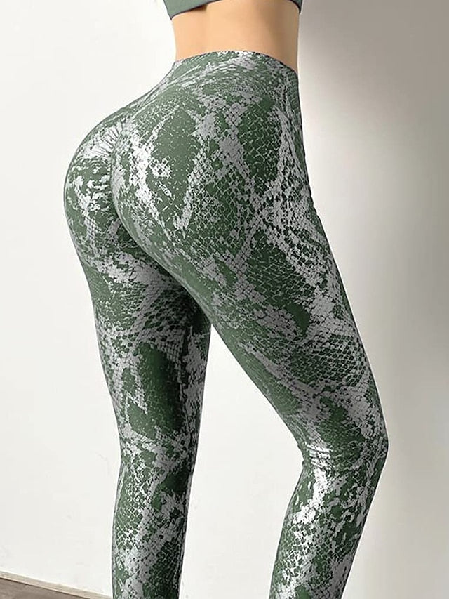 Women's Yoga Pants Scrunch Butt Tummy Control Butt Lift Breathable High Waist Yoga Fitness Gym Workout Leggings Bottoms Snakeskin Green White Black Winter Sports Activewear High Elasticity Slim - LuckyFash™