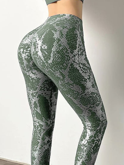 Women's Yoga Pants Scrunch Butt Tummy Control Butt Lift Breathable High Waist Yoga Fitness Gym Workout Leggings Bottoms Snakeskin Green White Black Winter Sports Activewear High Elasticity Slim - LuckyFash™