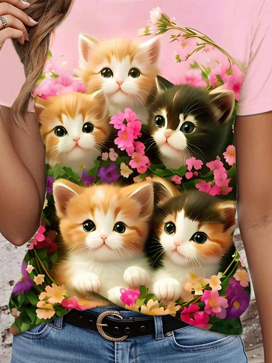 Women's T shirt Tee Animal Cat Dog Daily Pink Short Sleeve Stylish Crew Neck Summer