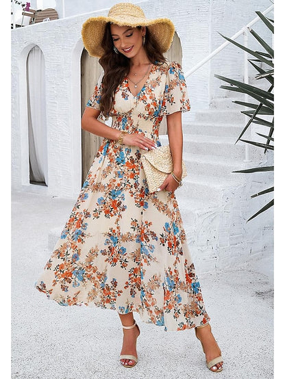 Women's Sundress Floral Graphic Elastic Waist Print V Neck Cold Shoulder Long Dress Maxi Dress Elegant Tropical Party Date Short Sleeve Summer Spring