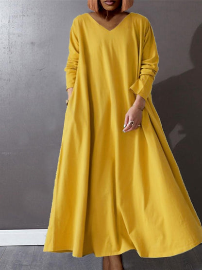 Women‘s Plus Size Curve Casual Dress Pure Color V Neck Long Sleeve Winter Fall Basic Casual Maxi long Dress Daily Vacation Dress