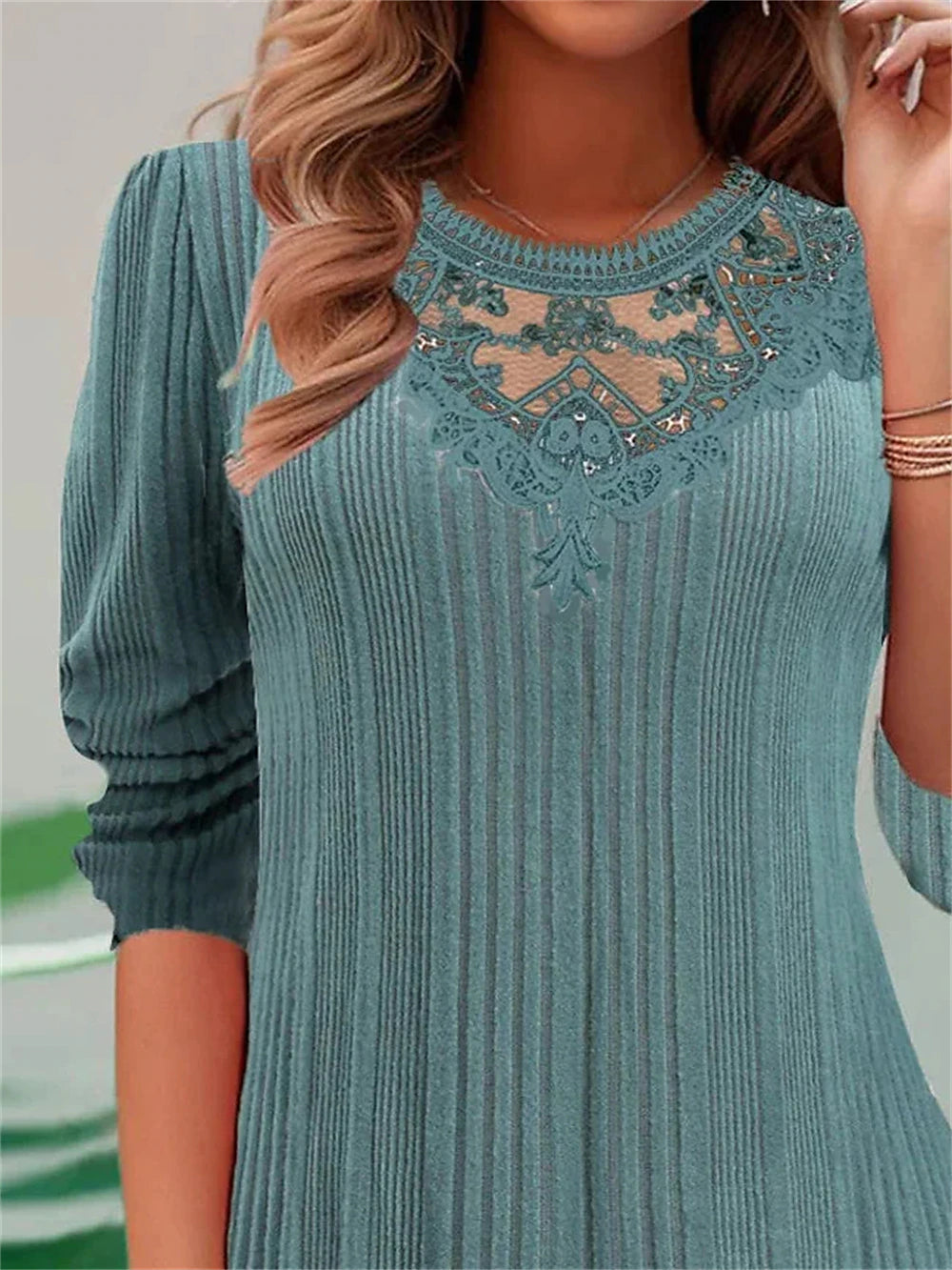 Women's Shirt Lace Shirt Blouse Textured Plain Casual Lace Green Long Sleeve Fashion Round Neck Spring &  Fall