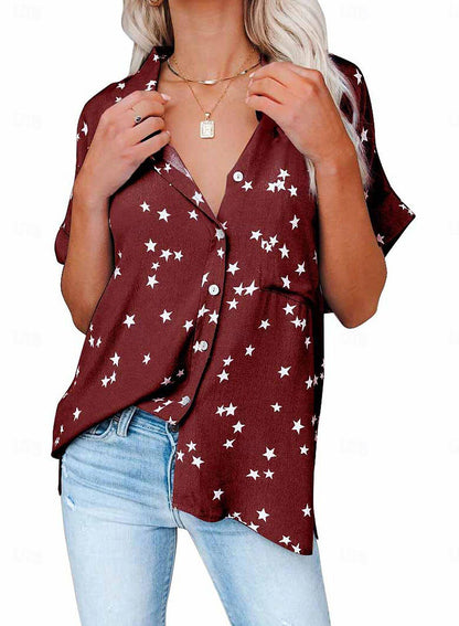 Women's Shirt Blouse Star Daily Vacation Button Print Pink Short Sleeve Casual Shirt Collar Spring & Summer