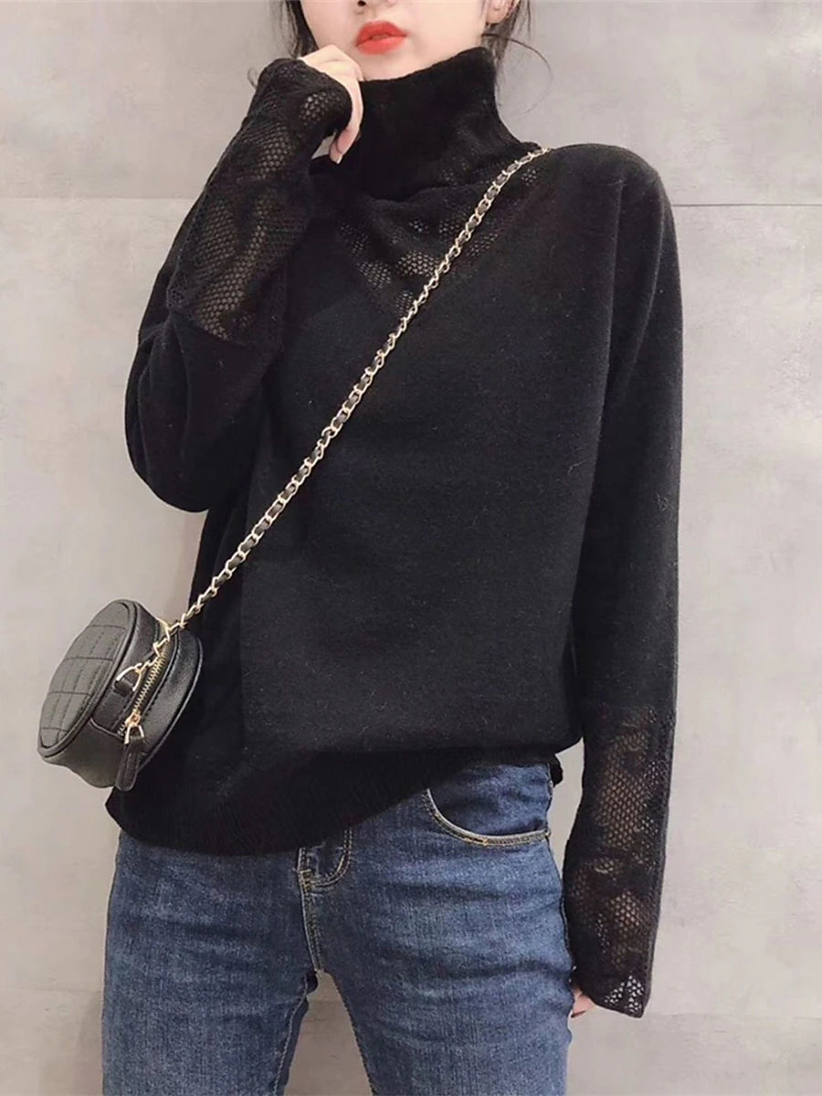 Women's Pullover Sweater Jumper Turtleneck Ribbed Knit Wool Patchwork Lace Trims Fall Winter Regular Outdoor Daily Going out Stylish Casual Soft Long Sleeve Solid Color Black White Blue S M L