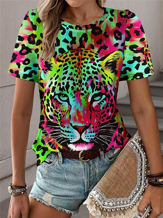 Women's T shirt Tee Leopard Daily Weekend Print Blue Short Sleeve Fashion Crew Neck Summer