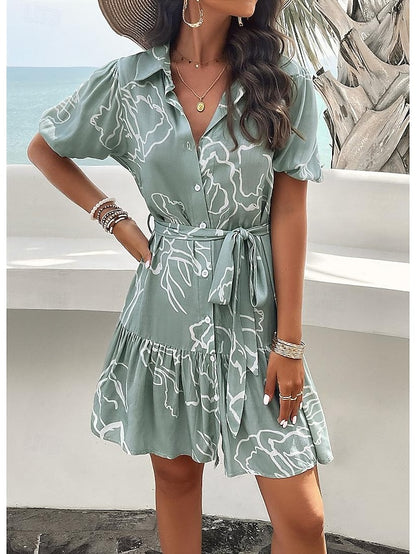 Women's Sundress A Line Dress Tie Front Print Shirt Collar Cap Sleeve Mini Dress Hawaiian Party Vacation Short Sleeve Summer Spring