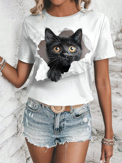 Women's T shirt Tee Animal Daily Weekend Print White Short Sleeve Fashion Round Neck 3D cat Summer