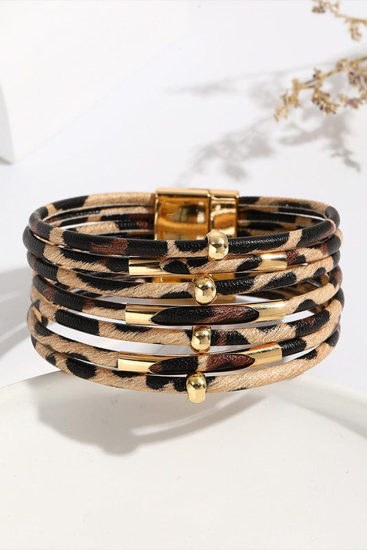 Brown Multi-layer Leopard Beaded Magnet Buckle Bracelet