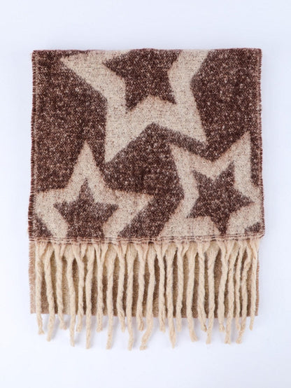 Brown Star Color Block Tasseled Oversized Winter Wrap