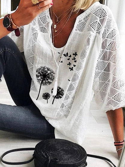 Women's Shirt Blouse Floral Butterfly Daily Vacation Lace up Lace Print Black 3/4 Length Sleeve Casual V Neck Spring & Summer