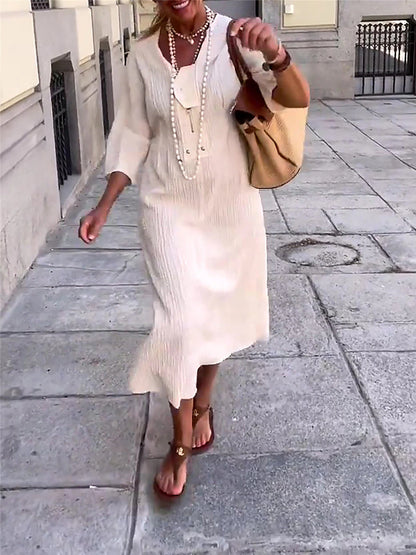 Women's White Dress Casual Dress Summer Dress Midi Dress Button Daily Date Fashion Basic Split Neck 3/4 Length Sleeve White Color