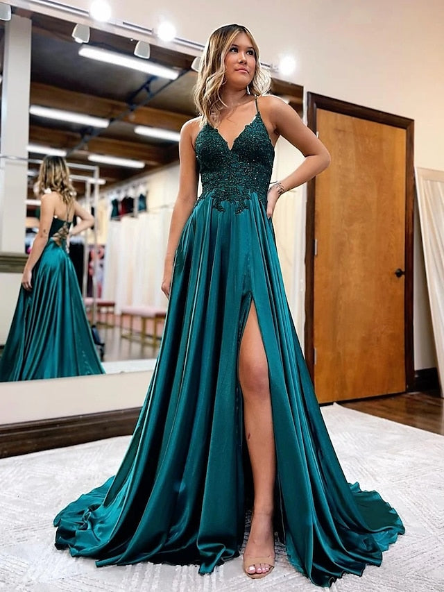 A-Line Prom Dresses Empire Dress Formal Court Train Sleeveless V Neck Satin Backless with Beading Appliques 2023 - LuckyFash™