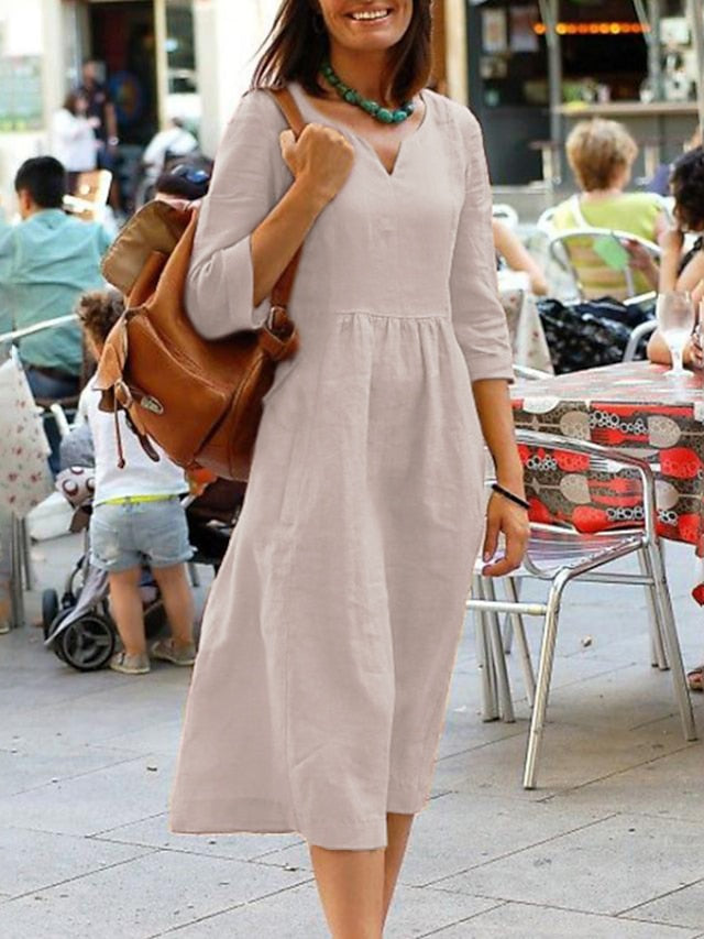 Women's Dress - Cotton Linen Dress Casual Dress Linen Dress Maxi long Dress Cotton Basic Casual Daily Holiday Vacation Split Neck Ruched Half Sleeve Summer Spring 2023 Regular Fit Yellow Pink Red Pure Color