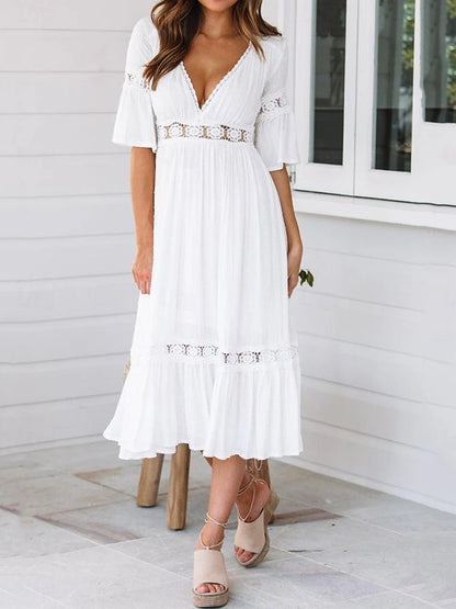 Women's White Dress Lace Dress Casual Dress Midi Dress Lace Patchwork Date Vacation Elegant Streetwear V Neck 3/4 Length Sleeve White Color