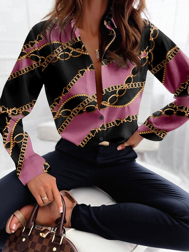 Women's Shirt Blouse Chains Print Casual Button Print Yellow Long Sleeve Fashion Shirt Collar Spring &  Fall