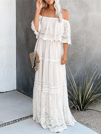 Women's White Lace Wedding Dress Boho Chic Dresses Boho Wedding Guest Dress Long Dress Maxi Dress with Sleeve Date Vacation Maxi A Line Off Shoulder Half Sleeve White Color