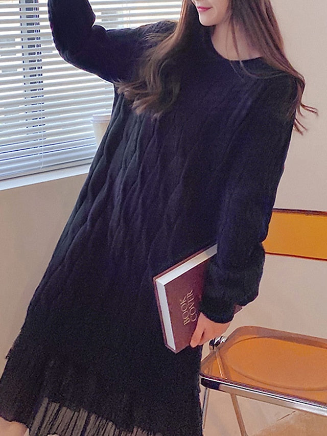 Women's Sweater Dress Knit Dress Jumper Dress Long Dress Maxi Dress Knitwear Fashion Daily Plain Outdoor Casual Holiday Vacation Crew Neck Long Sleeve Ruched Patchwork 2023 Loose Fit Black White Pink