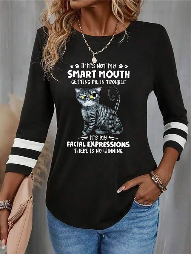 Women's T shirt Tee Cat Letter Daily Weekend Print Black Long Sleeve Fashion Funny Round Neck Spring &  Fall