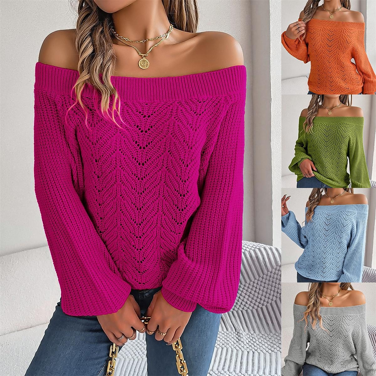 Women's Pullover Sweater Jumper Off Shoulder Ribbed Knit Acrylic Off Shoulder Fall Winter Regular Outdoor Daily Going out Stylish Casual Soft Long Sleeve Solid Color Blue Fuchsia Orange S M L