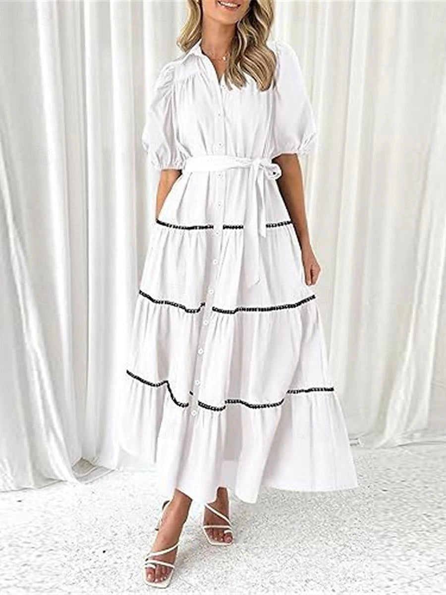 Women's White Dress Casual Dress Swing Dress Maxi Dress Lace up Button Date Vacation Streetwear Maxi Shirt Collar Half Sleeve Black White Pink Color