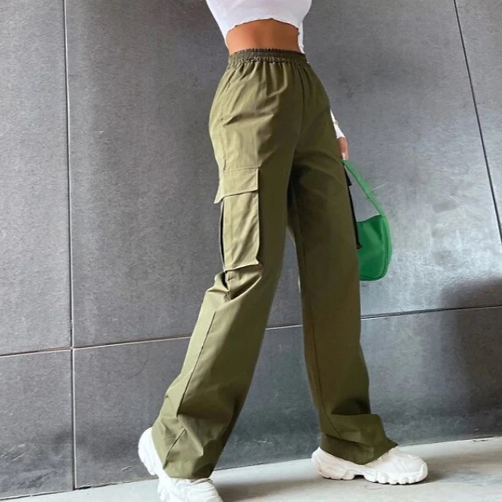 Women‘s Cargo parachute pants Chinos Trousers Full Length Cotton Blend Pocket Baggy Micro-elastic Mid Waist Fashion Casual Weekend Black Army Green S M Summer Spring &  Fall