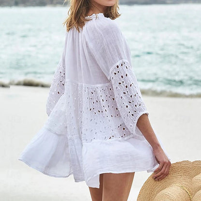 Women's White Dress Casual Dress Summer Dress Mini Dress Cotton Lace up Ruffle Vacation Beach Basic Round Neck 3/4 Length Sleeve White Color