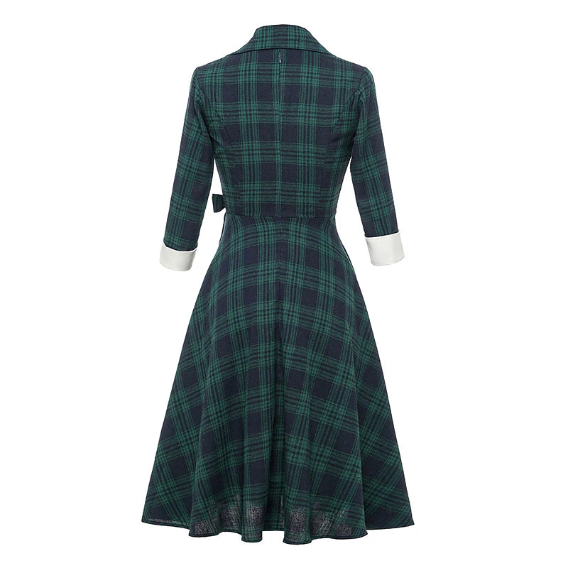 Women's Tartan Dress Swing Dress Plaid Dress Vintage Dress Green Red Long Sleeve Plaid Lace up Winter Fall Shirt Collar Mature Winter Dress Fall Dress 2022 S M L XL XXL