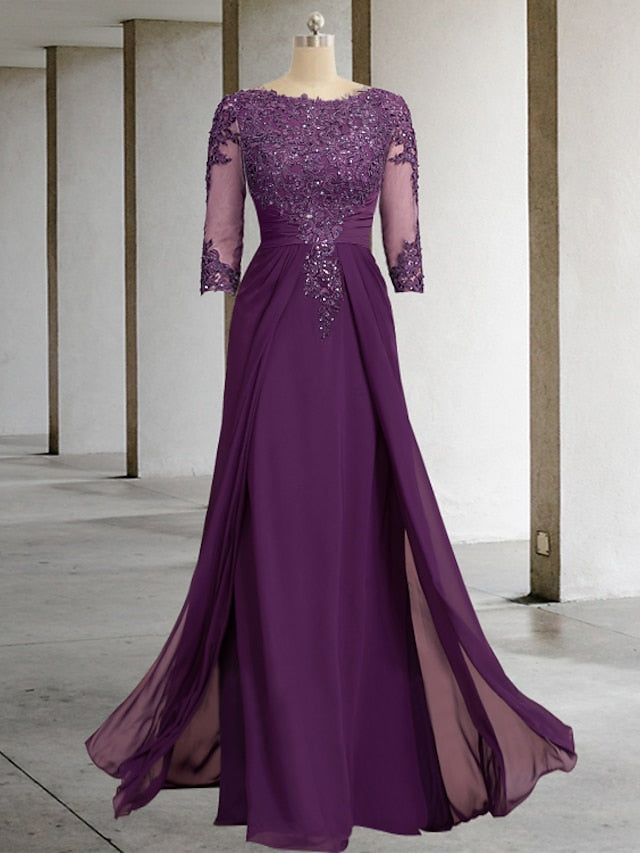 Sheath / Column Mother of the Bride Dress Formal Wedding Guest Elegant Sparkle & Shine Jewel Neck Asymmetrical Floor Length Chiffon Lace 3/4 Length Sleeve with Sequin Appliques 2023 - LuckyFash™