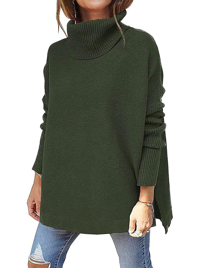 Women's Pullover Sweater Jumper Turtleneck Ribbed Knit Acrylic Patchwork Fall Winter Regular Daily Going out Weekend Stylish Casual Soft Long Sleeve Solid Color claret Olive Green Black S M L