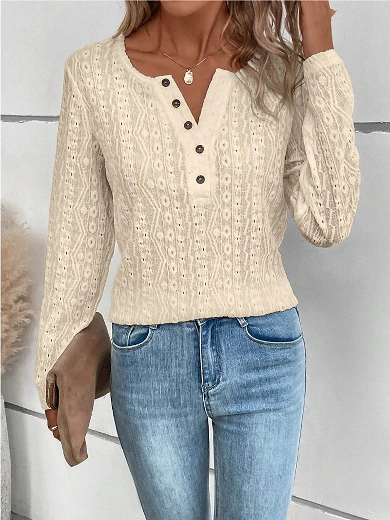 Women's Shirt Lace Shirt Blouse Eyelet top Cotton Textured Color Block Plain Work Button Black Long Sleeve Fashion Round Neck Spring &  Fall