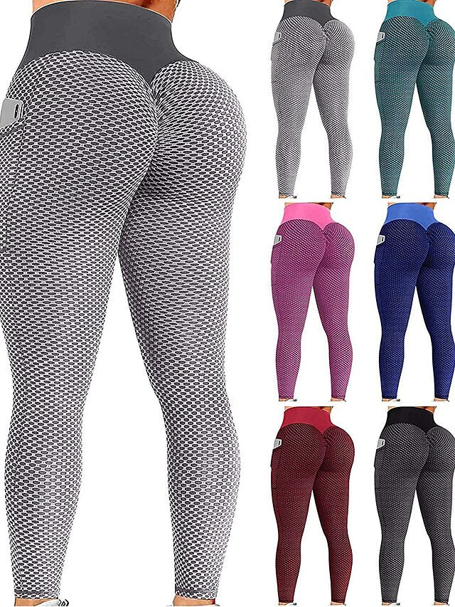 Women's Yoga Leggings Plus Size Scrunch Butt Side Pockets Jacquard Tummy Control Butt Lift Quick Dry Yoga Fitness Gym Workout Tights Leggings Black Green Gray Sports High Elasticity - LuckyFash™