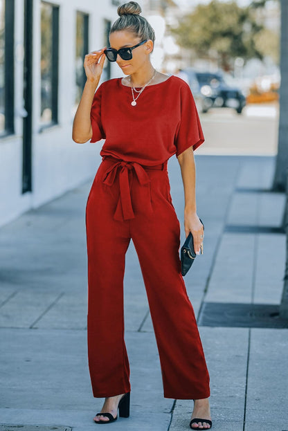 Burning Red Belted Wide-Leg Jumpsuit