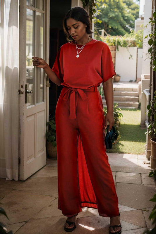 burning red belted wide leg jumpsuit 106677