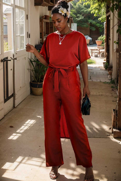 burning red belted wide leg jumpsuit 108804