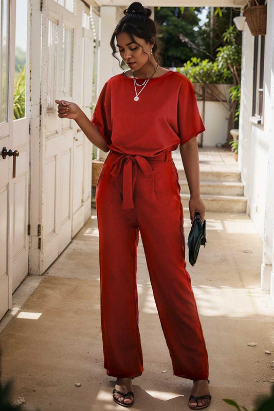 burning red belted wide leg jumpsuit 107695