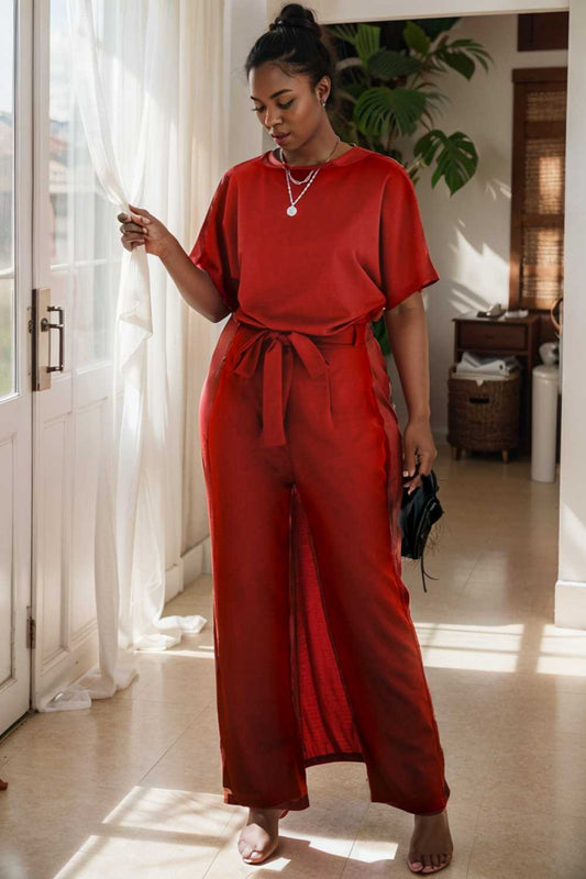 burning red belted wide leg jumpsuit 112417