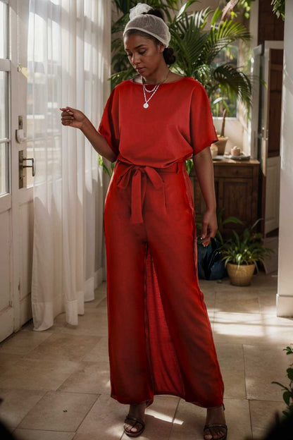 burning red belted wide leg jumpsuit 108802
