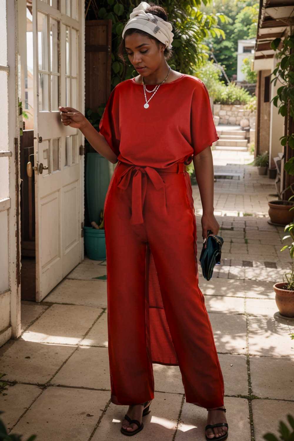 burning red belted wide leg jumpsuit 108801