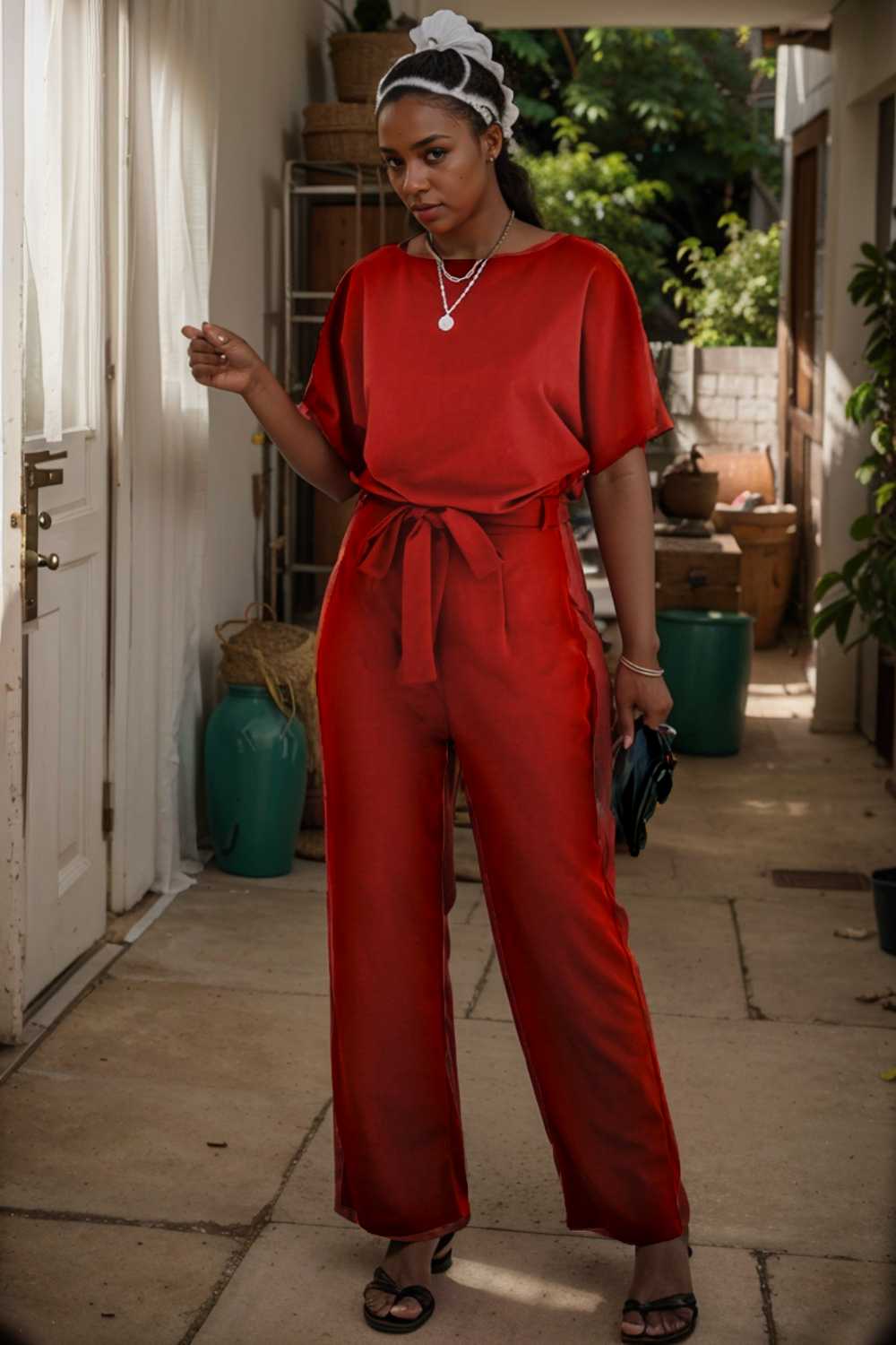 burning red belted wide leg jumpsuit 108799