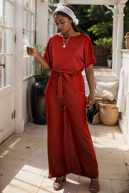 burning red belted wide leg jumpsuit 107469