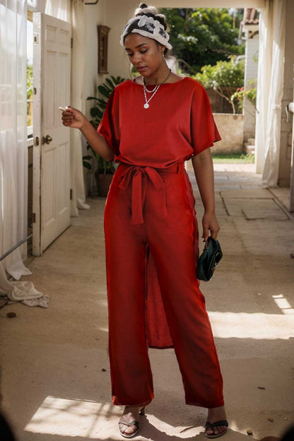 burning red belted wide leg jumpsuit 108798