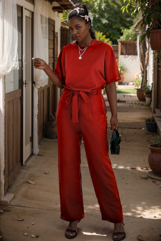 burning red belted wide leg jumpsuit 107463