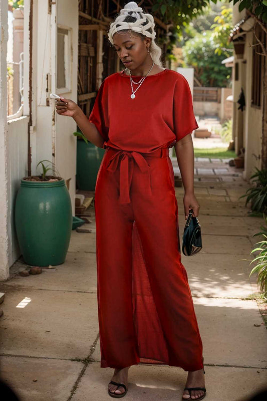 burning red belted wide leg jumpsuit 148785