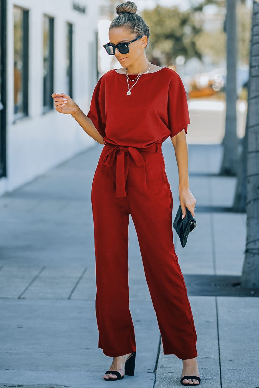 Burning Red Belted Wide-Leg Jumpsuit